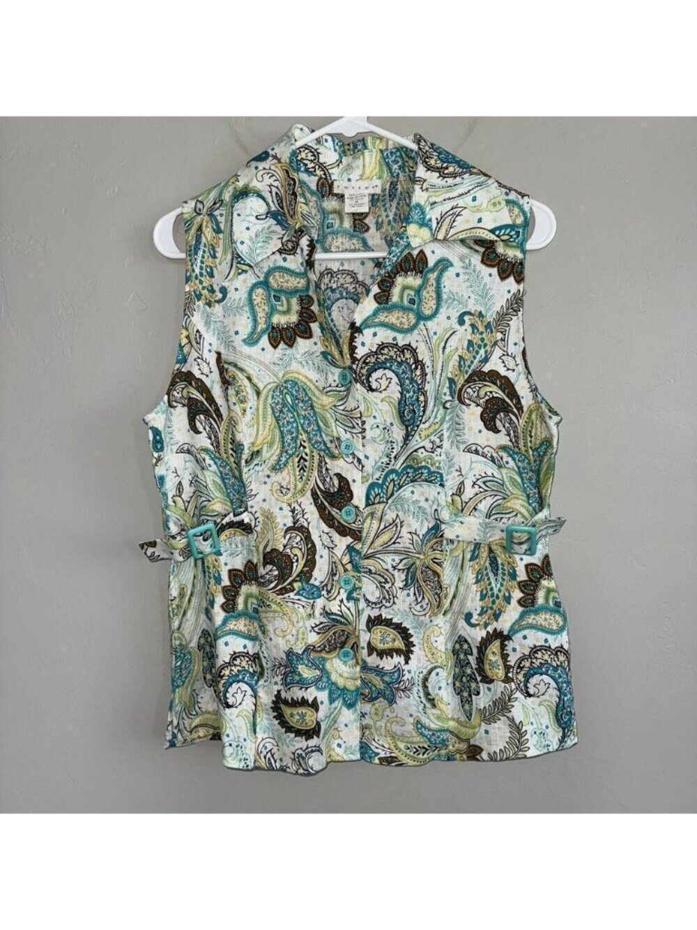Tweeds Shirt Top Women's Medium Linen Floral Paisley Sleeveless Button Up